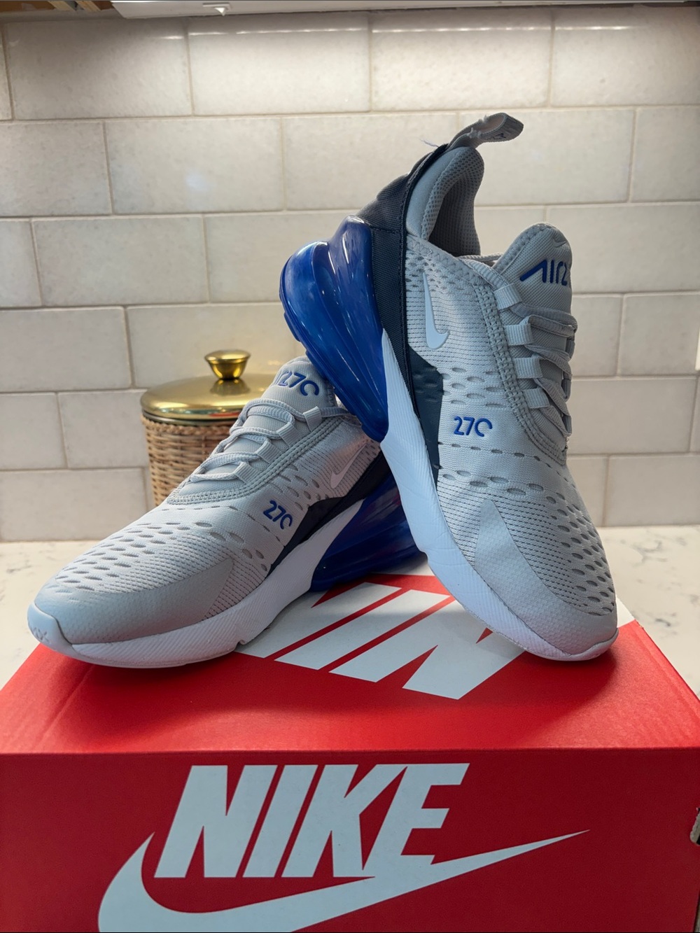 Nike Kids Air Max 270 Sneakers - Light Gray with Blue Air Unit